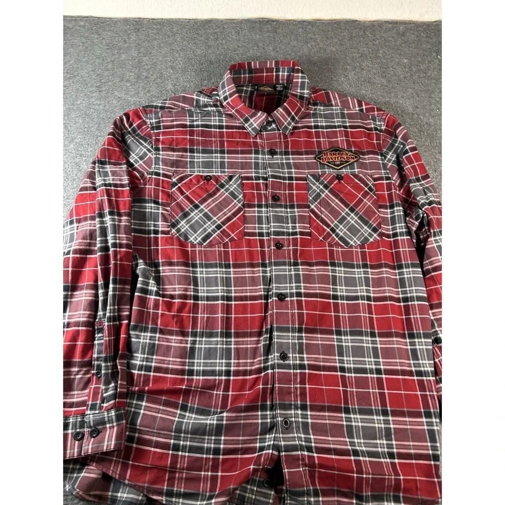 Harley Davidson Shirt Size 2XL 120th Anniversary Red Plaid Button Up - Picture 2 of 10